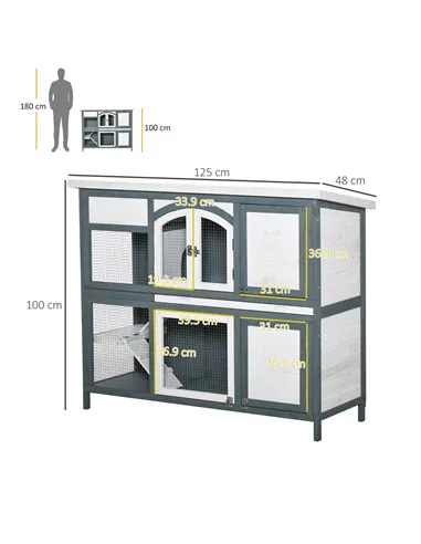 PawHut Rabbit Hutch Outdoor Guinea Pig Hutch 2 Tier Wooden Cage w/ Ramp, Divider, Openable Roof, 125 x 48 x 100cm - Grey