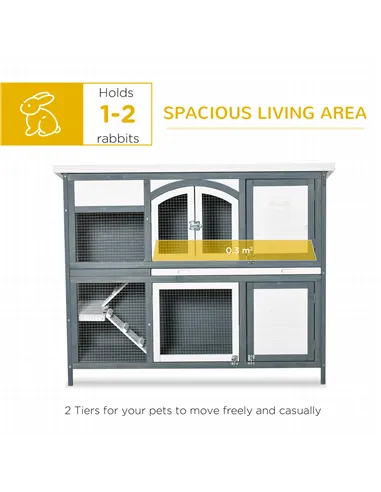 PawHut Rabbit Hutch Outdoor Guinea Pig Hutch 2 Tier Wooden Cage w/ Ramp, Divider, Openable Roof, 125 x 48 x 100cm - Grey