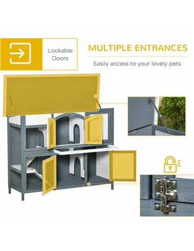 PawHut Rabbit Hutch Outdoor Guinea Pig Hutch 2 Tier Wooden Cage w/ Ramp, Divider, Openable Roof, 125 x 48 x 100cm - Grey
