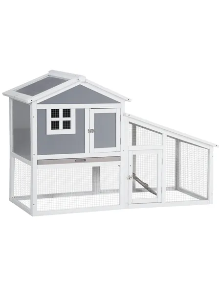PawHut Two-Tier Rabbit Hutch, with Sunlight Panel Roof, Slide-Out Tray - Grey
