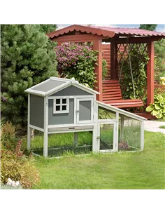 PawHut Two-Tier Rabbit Hutch, with Sunlight Panel Roof, Slide-Out Tray - Grey 2