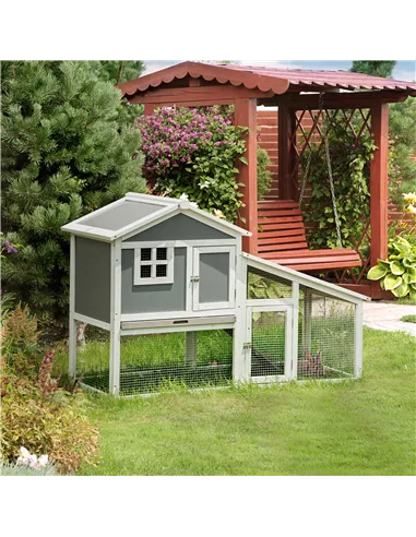 PawHut Two-Tier Rabbit Hutch, with Sunlight Panel Roof, Slide-Out Tray - Grey