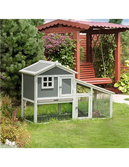 PawHut Two-Tier Rabbit Hutch, with Sunlight Panel Roof, Slide-Out Tray - Grey