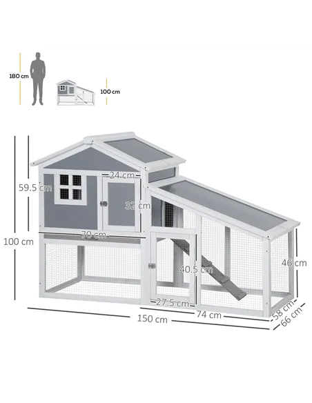 PawHut Two-Tier Rabbit Hutch, with Sunlight Panel Roof, Slide-Out Tray - Grey