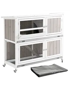 PawHut Wooden Pet Hutch, Two-Tier Cage with Rain Cover, Wheels, White