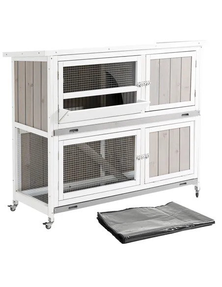 PawHut Wooden Pet Hutch, Two-Tier Cage with Rain Cover, Wheels, White