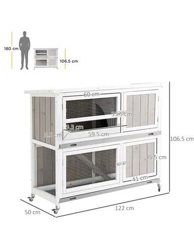 PawHut Wooden Pet Hutch, Two-Tier Cage with Rain Cover, Wheels, White