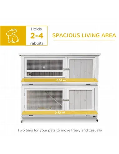PawHut Wooden Pet Hutch, Two-Tier Cage with Rain Cover, Wheels, White