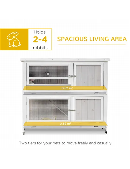 PawHut Wooden Pet Hutch, Two-Tier Cage with Rain Cover, Wheels, White