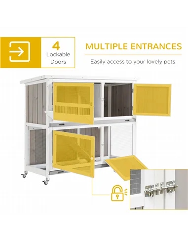 PawHut Wooden Pet Hutch, Two-Tier Cage with Rain Cover, Wheels, White