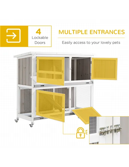 PawHut Wooden Pet Hutch, Two-Tier Cage with Rain Cover, Wheels, White