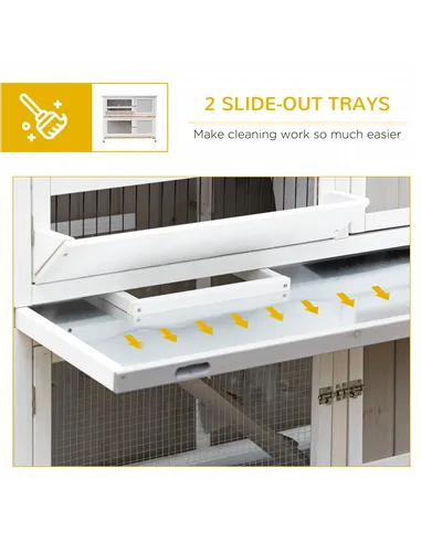 PawHut Wooden Pet Hutch, Two-Tier Cage with Rain Cover, Wheels, White