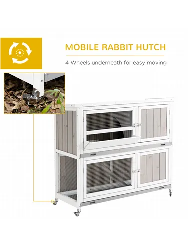 PawHut Wooden Pet Hutch, Two-Tier Cage with Rain Cover, Wheels, White
