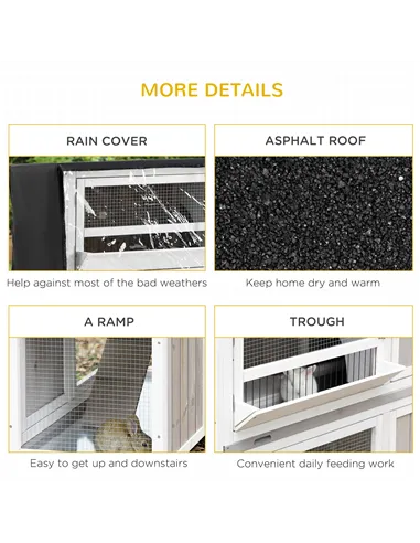 PawHut Wooden Pet Hutch, Two-Tier Cage with Rain Cover, Wheels, White