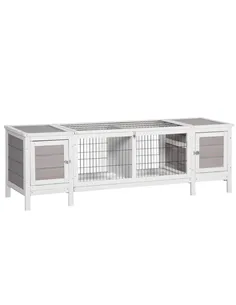 PawHut Rabbit Hutch and Run, with Removable Tray - Grey