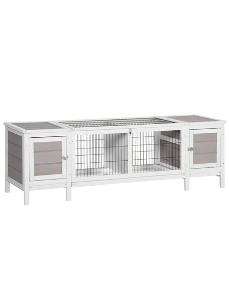 PawHut Rabbit Hutch and Run, with Removable Tray - Grey