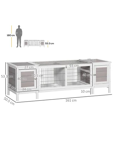 PawHut Rabbit Hutch and Run, with Removable Tray - Grey
