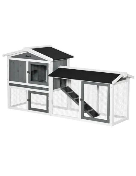 PawHut Rabbit Hutch Outdoor, 2-Tier Guinea Pig Hutch, Wooden Small Animal House with Rabbit Run Box, Slide-out Tray, Ramp, 175.8