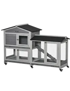 PawHut Wooden Rabbit Hutch, Guinea Pig Cage, with Wheels, Run, Slide-Out Tray, Ramp