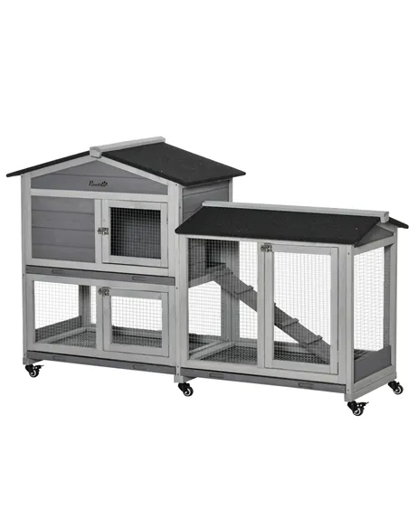 PawHut Wooden Rabbit Hutch, Guinea Pig Cage, with Wheels, Run, Slide-Out Tray, Ramp
