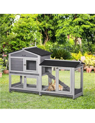 PawHut Wooden Rabbit Hutch, Guinea Pig Cage, with Wheels, Run, Slide-Out Tray, Ramp