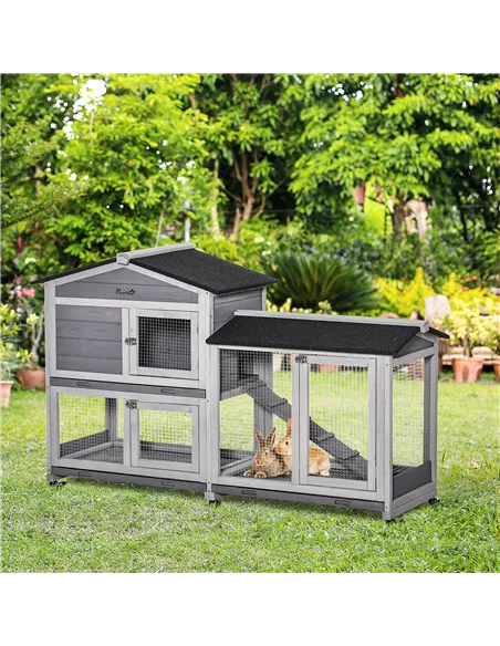 PawHut Wooden Rabbit Hutch, Guinea Pig Cage, with Wheels, Run, Slide-Out Tray, Ramp