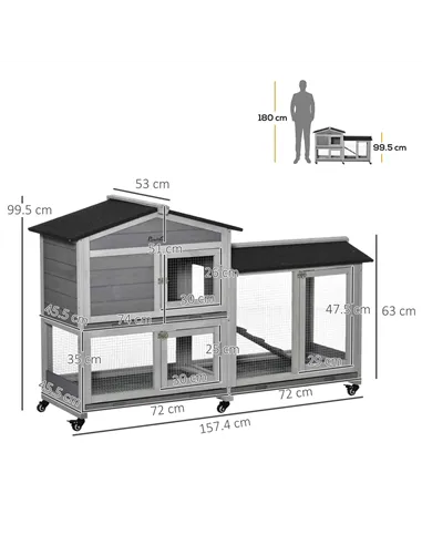 PawHut Wooden Rabbit Hutch, Guinea Pig Cage, with Wheels, Run, Slide-Out Tray, Ramp