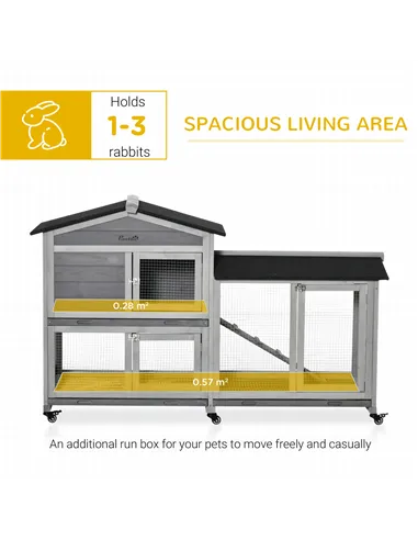 PawHut Wooden Rabbit Hutch, Guinea Pig Cage, with Wheels, Run, Slide-Out Tray, Ramp