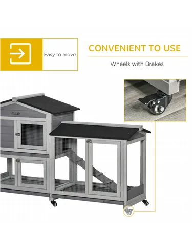 PawHut Wooden Rabbit Hutch, Guinea Pig Cage, with Wheels, Run, Slide-Out Tray, Ramp