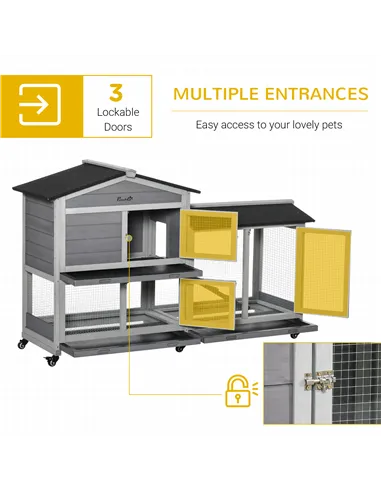 PawHut Wooden Rabbit Hutch, Guinea Pig Cage, with Wheels, Run, Slide-Out Tray, Ramp