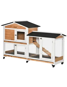 PawHut Rabbit Hutch Outdoor with Run Guinea Pig Hutch 2-Tier Bunny Cage w/ Wheels No-Leak Plastic Tray 157.4 x 53 x 99.5 cm - Ye