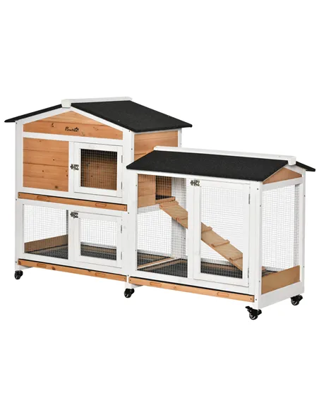 PawHut Rabbit Hutch Outdoor with Run Guinea Pig Hutch 2-Tier Bunny Cage w/ Wheels No-Leak Plastic Tray 157.4 x 53 x 99.5 cm - Ye