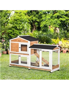 PawHut Rabbit Hutch Outdoor with Run Guinea Pig Hutch 2-Tier Bunny Cage w/ Wheels No-Leak Plastic Tray 157.4 x 53 x 99.5 cm - Ye 2