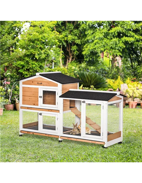 PawHut Rabbit Hutch Outdoor with Run Guinea Pig Hutch 2-Tier Bunny Cage w/ Wheels No-Leak Plastic Tray 157.4 x 53 x 99.5 cm - Ye