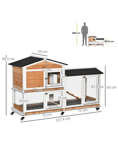 PawHut Rabbit Hutch Outdoor with Run Guinea Pig Hutch 2-Tier Bunny Cage w/ Wheels No-Leak Plastic Tray 157.4 x 53 x 99.5 cm - Ye