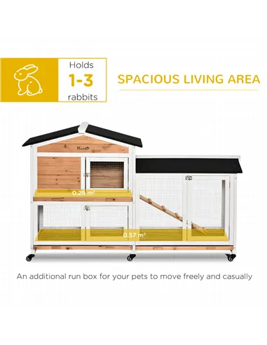 PawHut Rabbit Hutch Outdoor with Run Guinea Pig Hutch 2-Tier Bunny Cage w/ Wheels No-Leak Plastic Tray 157.4 x 53 x 99.5 cm - Ye