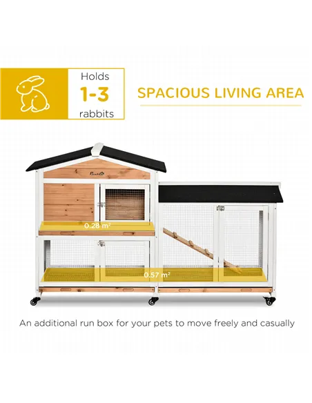 PawHut Rabbit Hutch Outdoor with Run Guinea Pig Hutch 2-Tier Bunny Cage w/ Wheels No-Leak Plastic Tray 157.4 x 53 x 99.5 cm - Ye