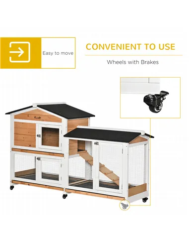 PawHut Rabbit Hutch Outdoor with Run Guinea Pig Hutch 2-Tier Bunny Cage w/ Wheels No-Leak Plastic Tray 157.4 x 53 x 99.5 cm - Ye