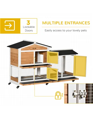 PawHut Rabbit Hutch Outdoor with Run Guinea Pig Hutch 2-Tier Bunny Cage w/ Wheels No-Leak Plastic Tray 157.4 x 53 x 99.5 cm - Ye