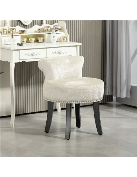 HOMCOM Dressing Table Stool with Rubber Wood Legs, Ice Velvet Vanity Stool for Living Room Bedroom, Beige