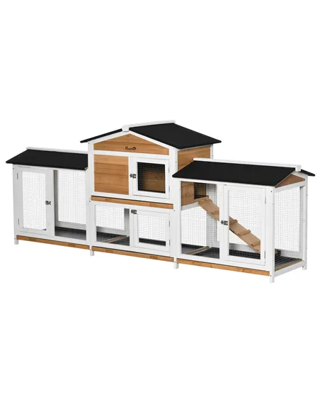 PawHut 2-Tier Large Rabbit Hutch Outdoor with Double Side Run Boxes, No-leak Plastic Tray, Ramp, 230 x 53 x 93.5cm, White