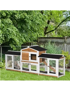 PawHut 2-Tier Large Rabbit Hutch Outdoor with Double Side Run Boxes, No-leak Plastic Tray, Ramp, 230 x 53 x 93.5cm, White 2