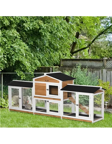 PawHut 2-Tier Large Rabbit Hutch Outdoor with Double Side Run Boxes, No-leak Plastic Tray, Ramp, 230 x 53 x 93.5cm, White