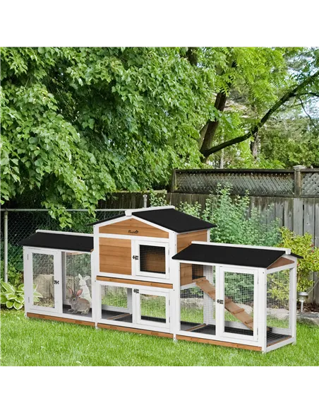 PawHut 2-Tier Large Rabbit Hutch Outdoor with Double Side Run Boxes, No-leak Plastic Tray, Ramp, 230 x 53 x 93.5cm, White