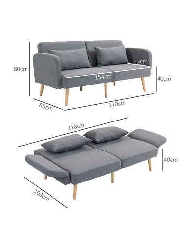 HOMCOM Two-Seater Click-Clack Sofa Bed, with Pillows - Grey