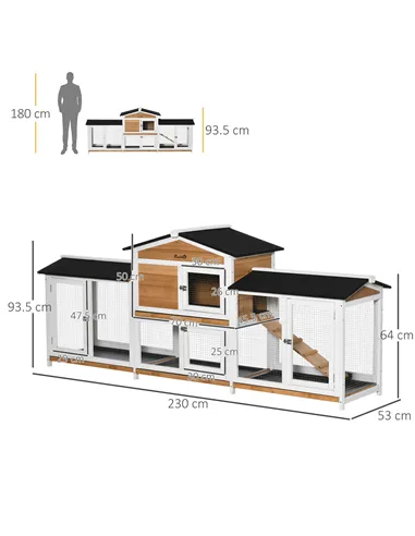 PawHut 2-Tier Large Rabbit Hutch Outdoor with Double Side Run Boxes, No-leak Plastic Tray, Ramp, 230 x 53 x 93.5cm, White