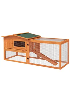 PawHut Rabbit Hutch with Run Wooden Guinea Pig Hutch Outdoor Bunny Cage Hide House with Sliding Tray, Hay Rack, Ramp, 156 x 58 x