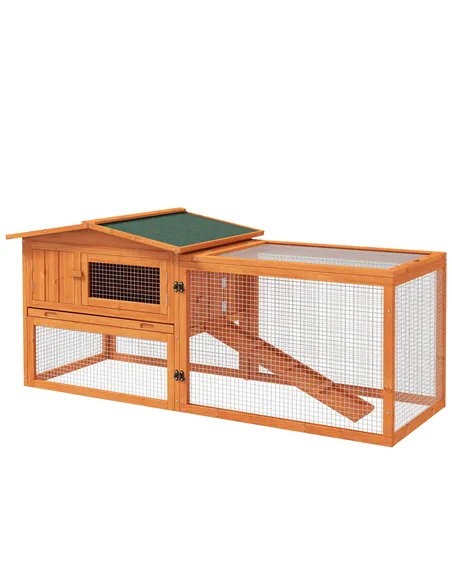 PawHut Rabbit Hutch with Run Wooden Guinea Pig Hutch Outdoor Bunny Cage Hide House with Sliding Tray, Hay Rack, Ramp, 156 x 58 x