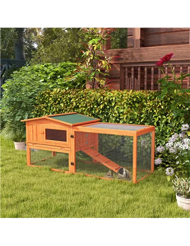 PawHut Rabbit Hutch with Run Wooden Guinea Pig Hutch Outdoor Bunny Cage Hide House with Sliding Tray, Hay Rack, Ramp, 156 x 58 x