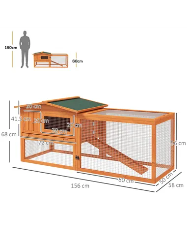 PawHut Rabbit Hutch with Run Wooden Guinea Pig Hutch Outdoor Bunny Cage Hide House with Sliding Tray, Hay Rack, Ramp, 156 x 58 x